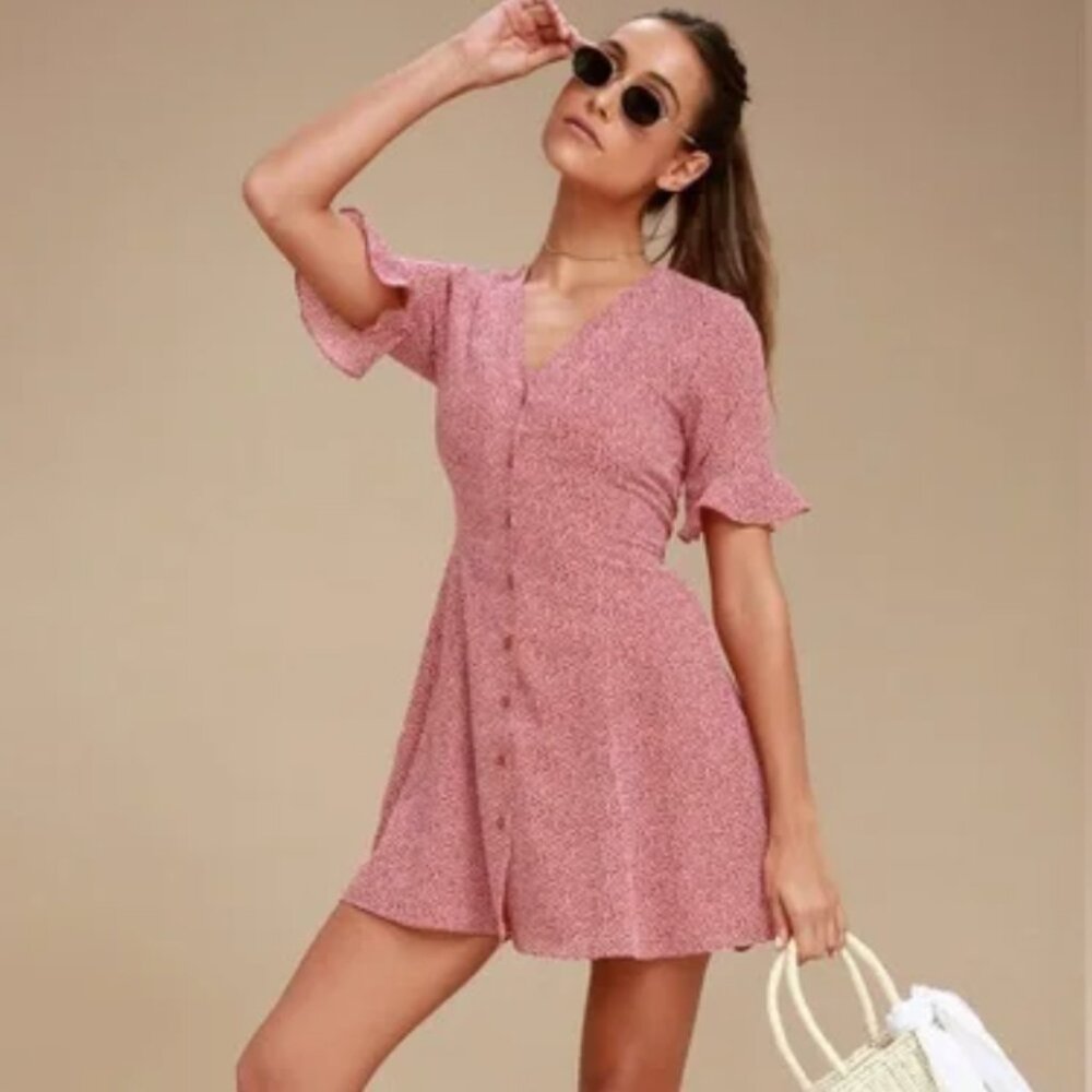 Lulu’s Castana Rust Red Print Button-Up Short Sleeve Dress XS